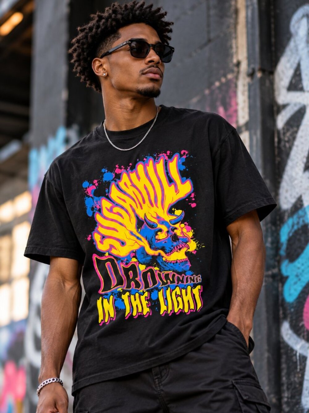 SUGARHILL Drowning in the Light Neon Psychedelic Graphic T-Shirt Medium